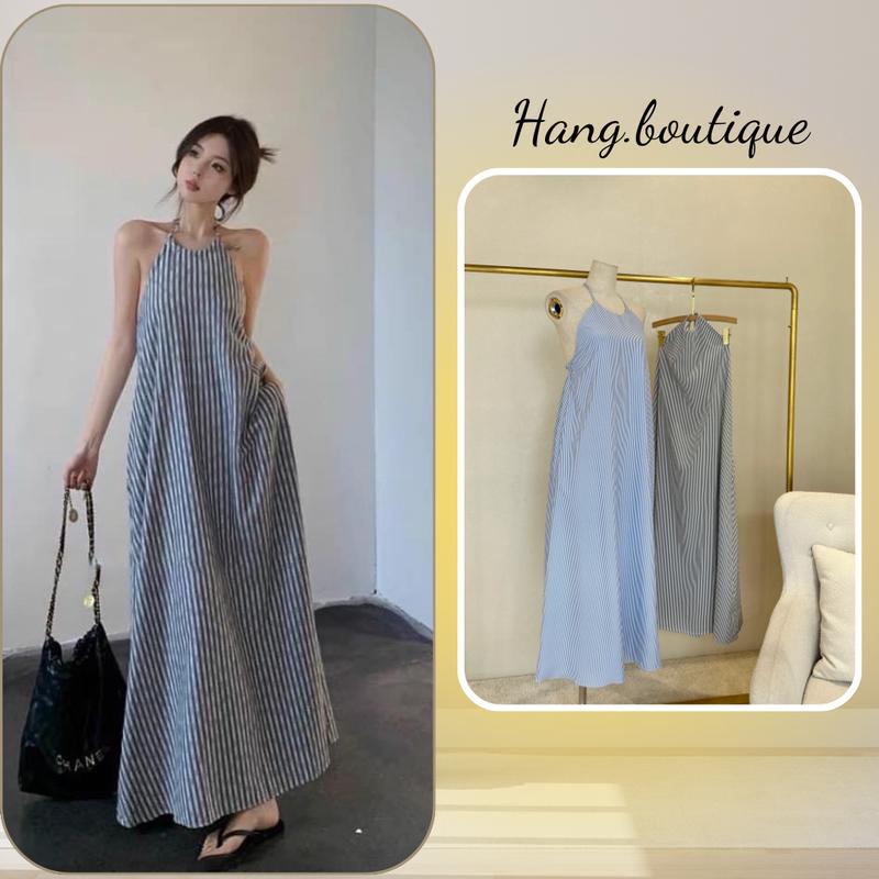Đầm Maxi Cổ Yếm, Đầm Dáng Dài Kẻ Sọc Thời Trang Mùa Hè Dạo Phố Đi Biển HANGBOUTIQUE - S167 Nữ Cotton