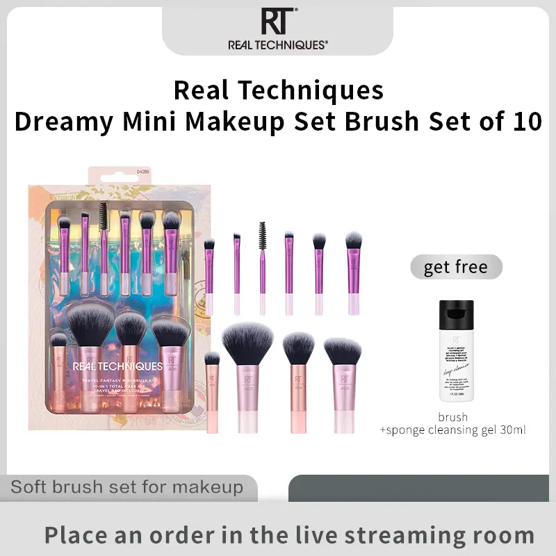 Real Techniques 11 Piece Travel Fantasy Mini Brush Set, Travel Size Makeup Brushes For Foundation Eyeshadow, Powder, Blush, Contour, & Concealer, Makeup Bag Included, Gift Set