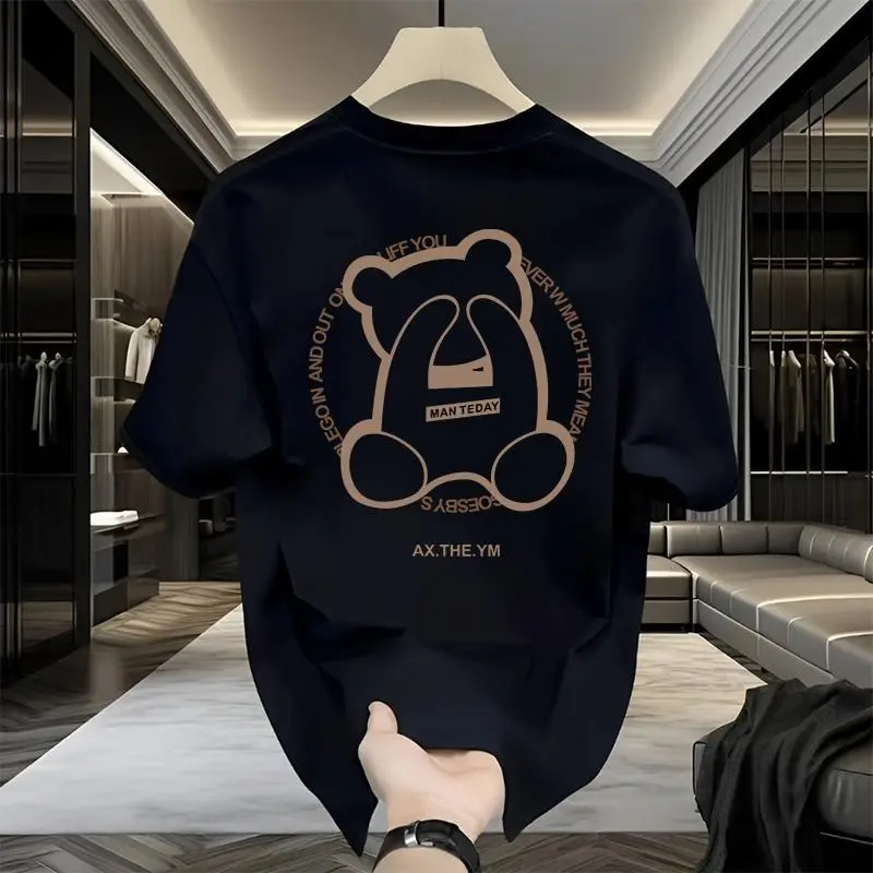 Pure cotton 2025 summer American bear men's short-sleeved T casual loose T-shirt couple couple outfit boxy  shirt oversized  shirt  men