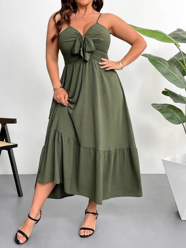 【Plus Size】 Solid Color Tie Front Cami Dress, Plus Elegant Fashion Casual Ruffle Trim Dress for Daily Outdoor Wear, Women Plus Clothing for Summer 4