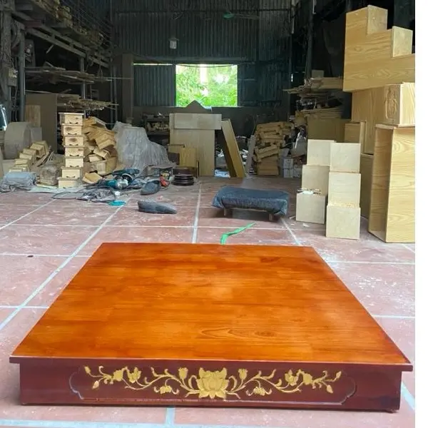 Bàn kê ban thần tài gỗ thịt 100% hoạ tiết hoa sen dát vàng