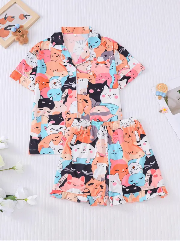 Girl's Cartoon Cat Print Lapel Neck Shirt & Shorts Two-piece Pajamas Set, Cute Casual Short Sleeve Top & Shorts, Kids Sleepwear for All Seasons 0