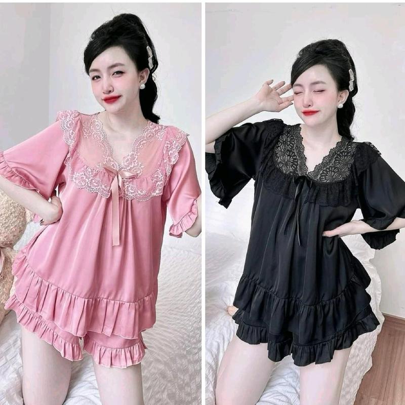 Đồ bộ tiểu thư cổ tim viền ren tay ngắn quần đùi bigsize xinh xắn Lụa Latin mềm mát Women dobo tay ngan rose đồ pijama