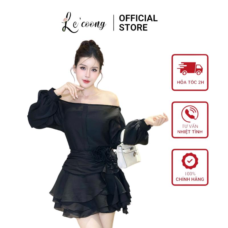 Set Áo Và Váy Đẹp Trễ Vai Dáng Ngắn LECOONG B132 Đầm Phối Hoa Tơ