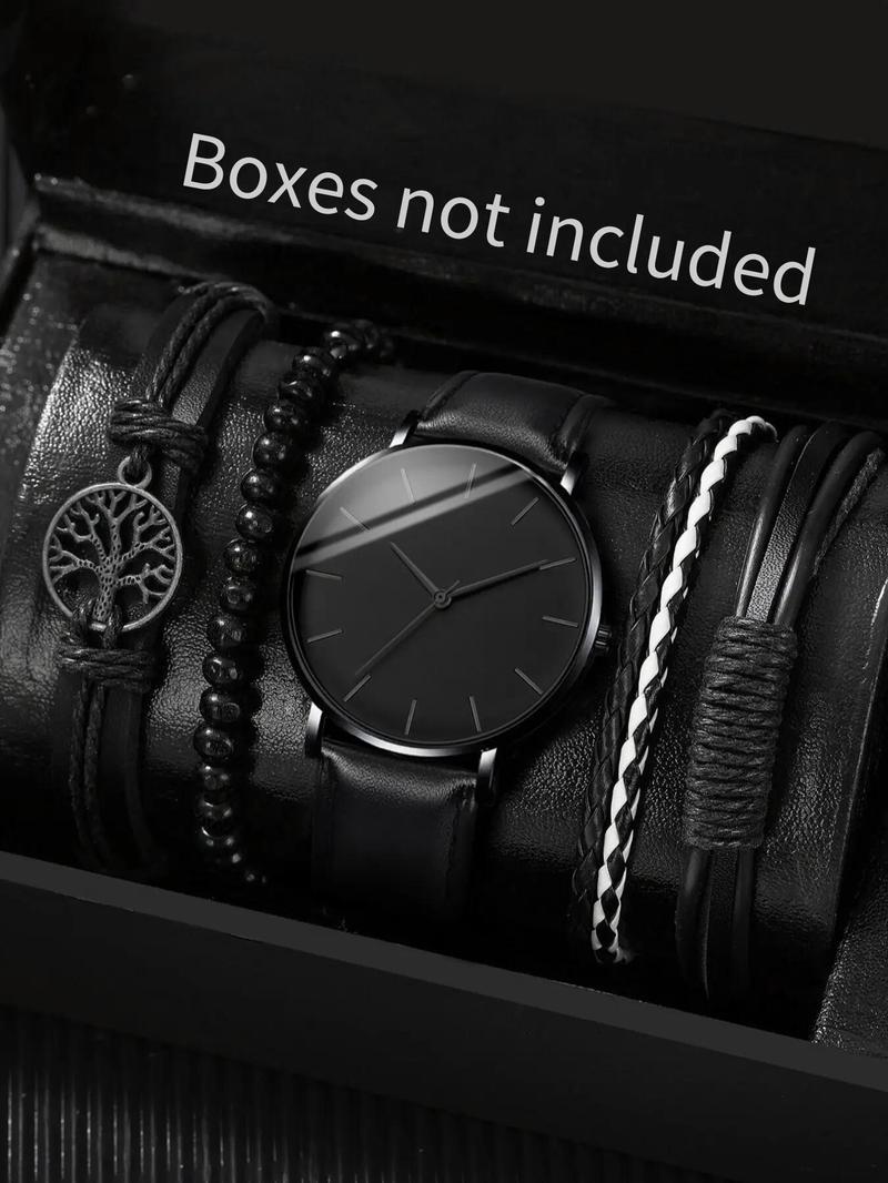 Product Introduction of Buckle Round Dial Analog Quartz Watch & Drawstring Beaded Bracelet Without Box, 2024 Fashion Trendy Style Wristwatch & Matching Bracelets Set for Men, Gift for Boys 2
