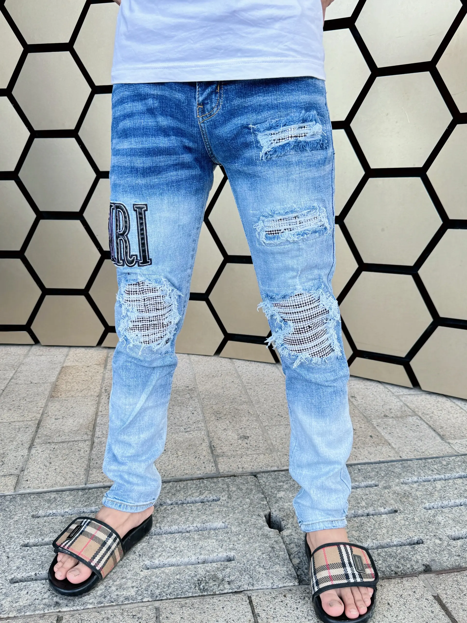 [Ảnh Tự Chụp] Quần Jean Xanh rách gối, đính đá Mã 207 Like Auth Menswear Pants có túi Denim