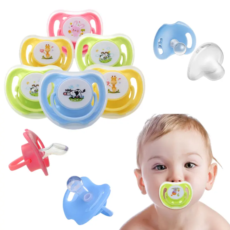 Baby Food Grade Silicone Pacifier with Cover Cartoon Printing Round Flat Nipple Nibber for Newborn 0-3Y Children Accessories