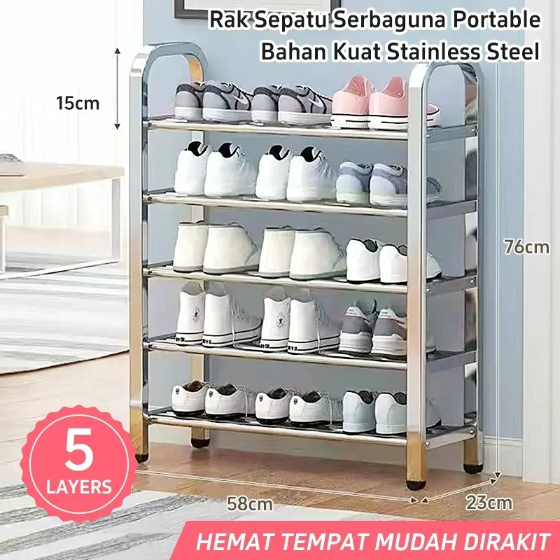Grocery Store Y KUALITAS TERBAIKTEXANIA Rak Sepatu Stainless Steel Tingkat 3/4/5 Susun Kuat Produk telah siap dikirim