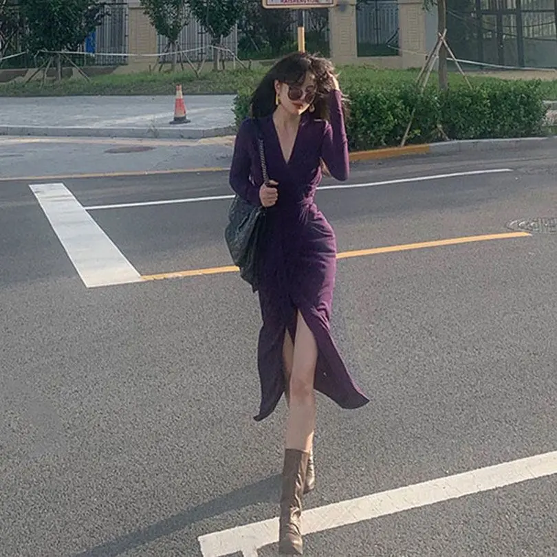 Váy Màu Tím Coban, Bộ Sưu Tập Đầu Thu, Hàng Mới Về Mùa Thu, Viền Thắt Dài Trung Bình Váy Dài Tay, Phong Cách Đầu Thu