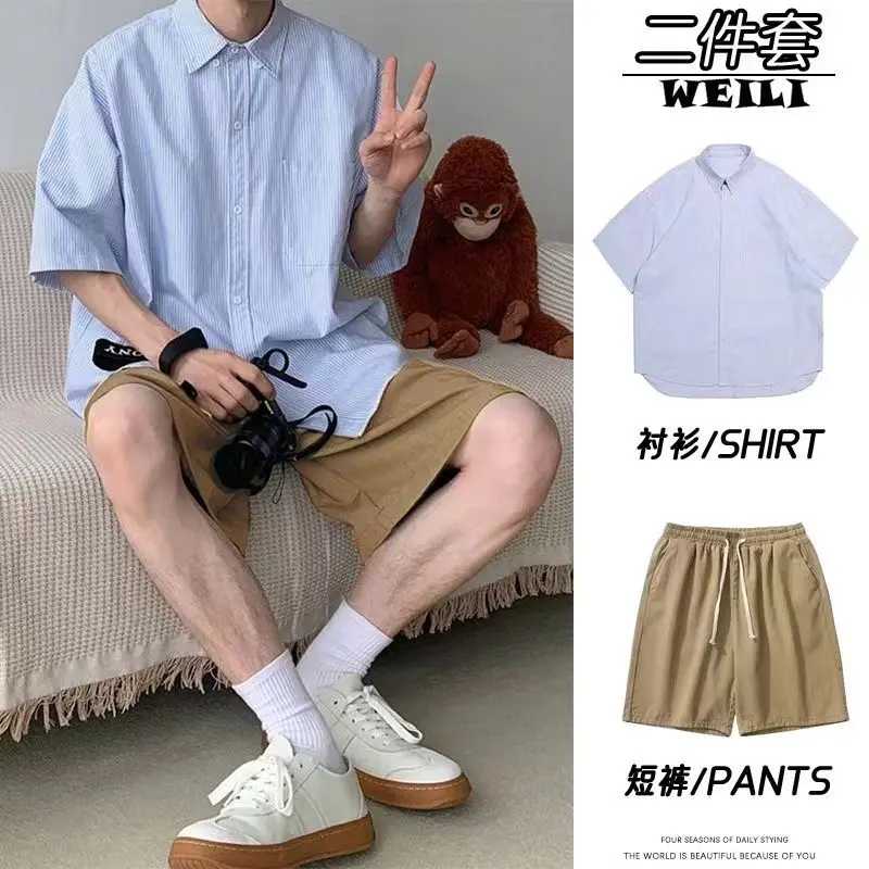 [Praise Rate Exceeds 98% Same Style] Japanese Style New Polo Collar Stripes Short-Sleeved Shirt Men's and Women's Same Casual All-Match Thin Coat Fashion Brand Shirt Suit