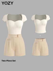 Two-Piece Set YOZY Women's Solid Color Clothes, Casual Fashion Short Sleeve Top & Wide Leg Shorts for Daily Outdoor Wear, Ladies Clothes for All Seasons