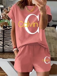 Two-piece Set Women's Letter Print Tee & Skinny Shorts, Casual Shortsleeve T-shirt & Shorts for Daily Wear, Ladies Two-piece for Spring & Fall, Clothes, Womenswear, Outfit Sets Women, Matching Clothing Set, Summer Outfits Set, Casual Loungewear Set