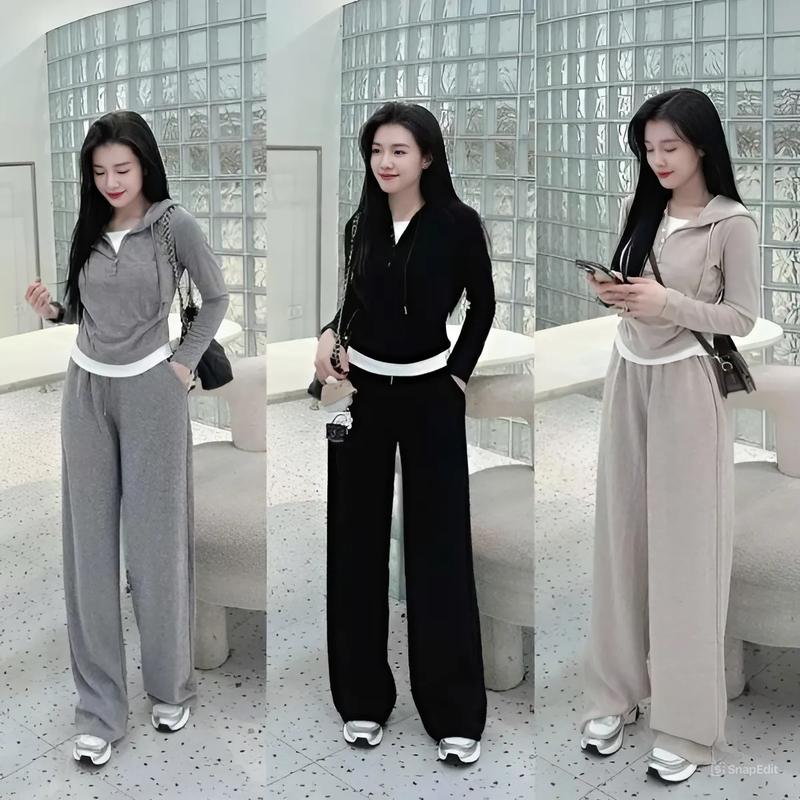 Set Bộ Cúc Mũ Nhún Eo Len Tăm Phối Trắng Quần Suông Ống Rộng Đồ Bộ Nữ Top Women Thu Đông Dài Tay (Set 02)