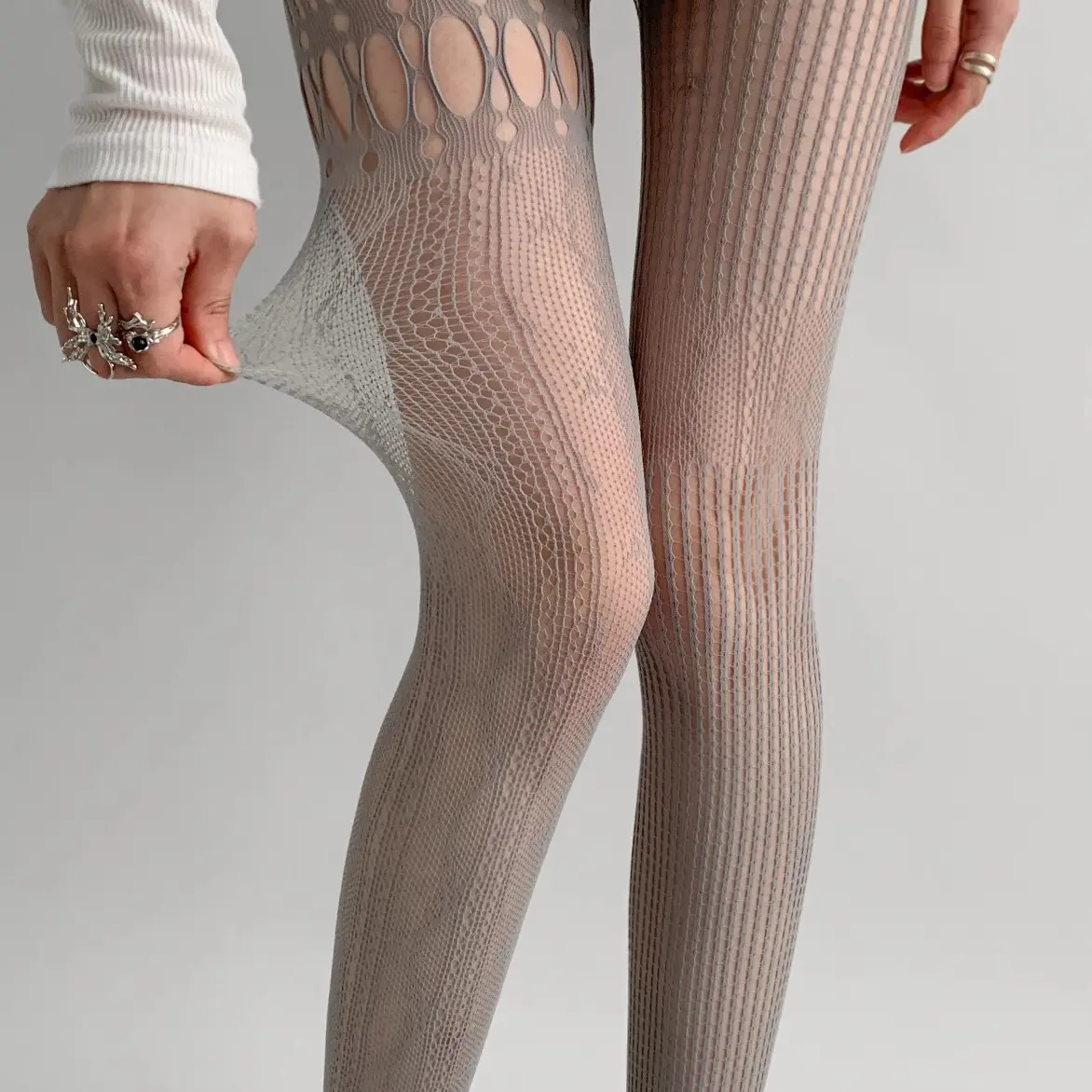 Lace Stockings Gray American Style Hollow Out Fishnet Tights AB Style Pantyhose Women Spring Autumn Thin Black Stockings