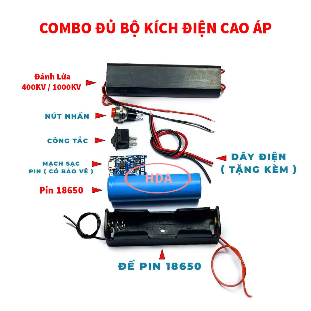 [COMBO ĐỦ BỘ] Kích Điện Cao Áp, Vào 3V7-6V ra 400KV 1000KV, máy đánh lửa, dùi cui - Module tăng áp (CHƯA HÀN)