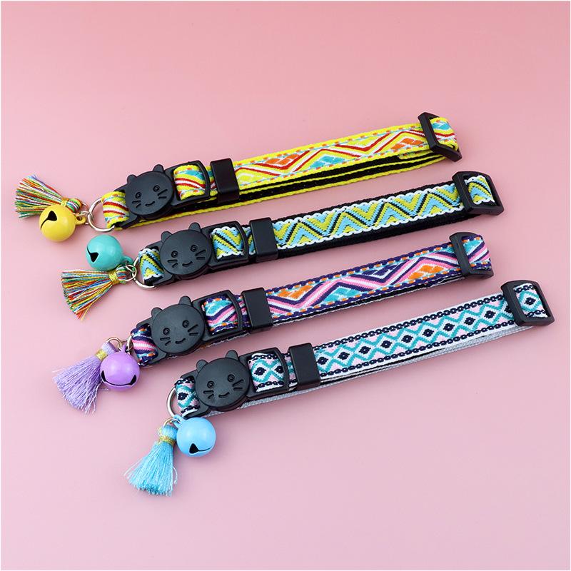 Product Introduction of Adjustable cat collar with tassels and bells embellished pet collar colorful plaid jacquard pattern for cat and dog collars 15