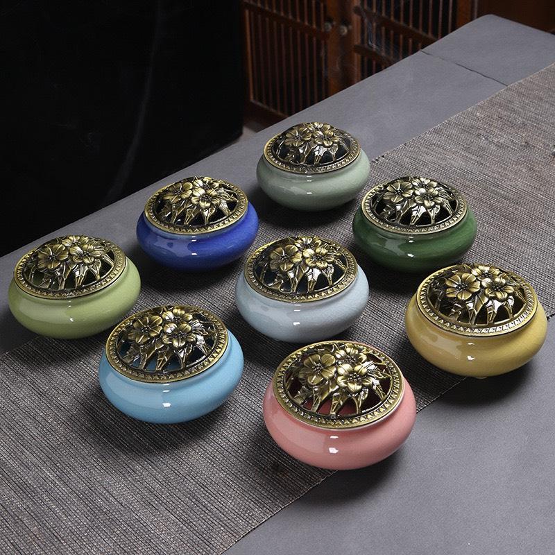 ( GIÁ SỈ ) Lư Xông Nụ Trầm Hương - Đỉnh Đốt Nhang Vòng Phong Thủy Bằng Gốm Sứ Vân Rạn Cao Cấp Kèm Lót Đế