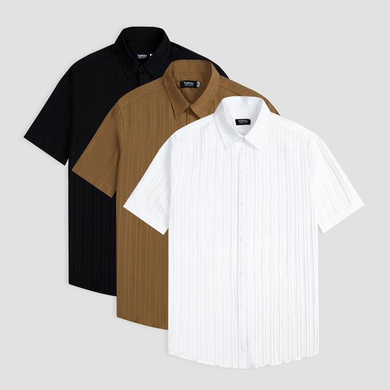 Áo sơ mi TOPGU vải Đũi Gân Cổ đức thoáng mát, không nhăn form regular cộc tay Nam Menswear Cổ Tròn