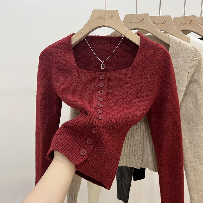 Áo Len Đỏ, Dệt Kim, Dài Tay, Dành Cho Nữ, Mùa Thu Và Mùa Đông, Thiết Kế Đẹp, Cổ Áo Vuông, Áo Cardigan Dệt Kim, Có Thể Mặc Bên Trong, Áo Cơ Sở Kiểm Soát Eo, Chủ Đề Giáng Sinh Và Năm Mới 1