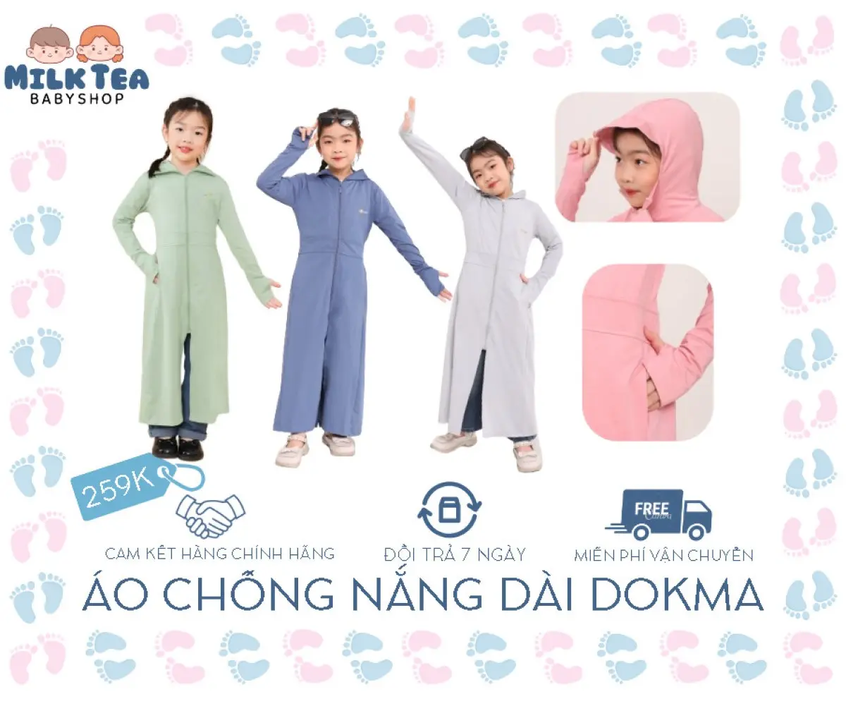 [DOKMA] Áo khoác dài chống nắng cho bé mềm mịn, thoáng mát và nhẹ nhàng có khả năng chống tia cực tím lên tới 90% từ 7 -10 tuổi cho bé