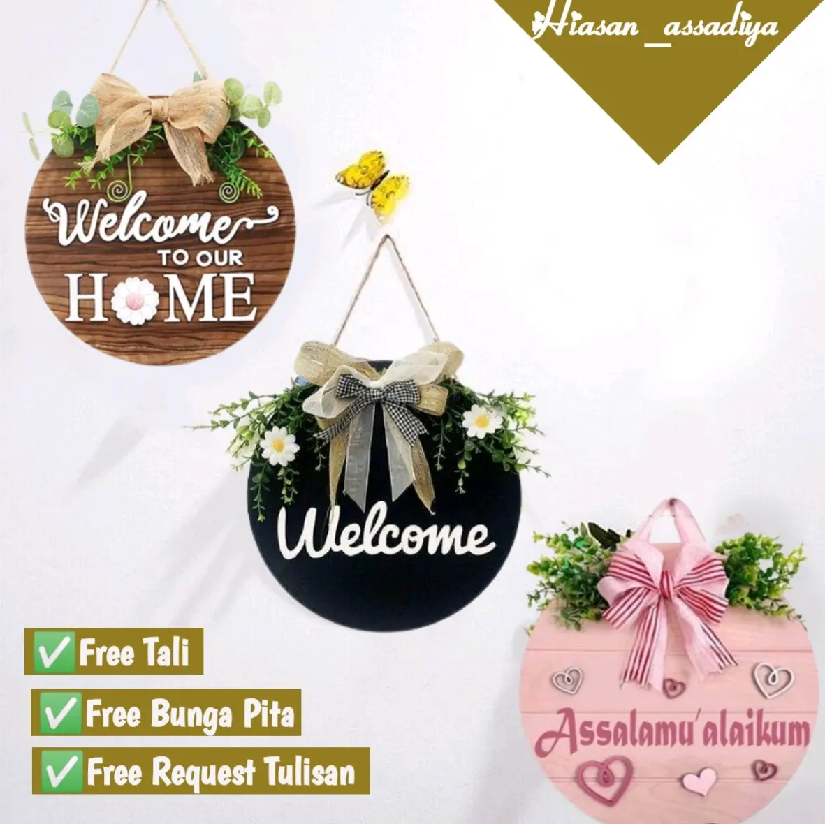 Hiasan dinding bulat gantungan pintu Assalamualaikum terlaris (bisa request tulisan) Dipasang di Dinding Pintu Kayu