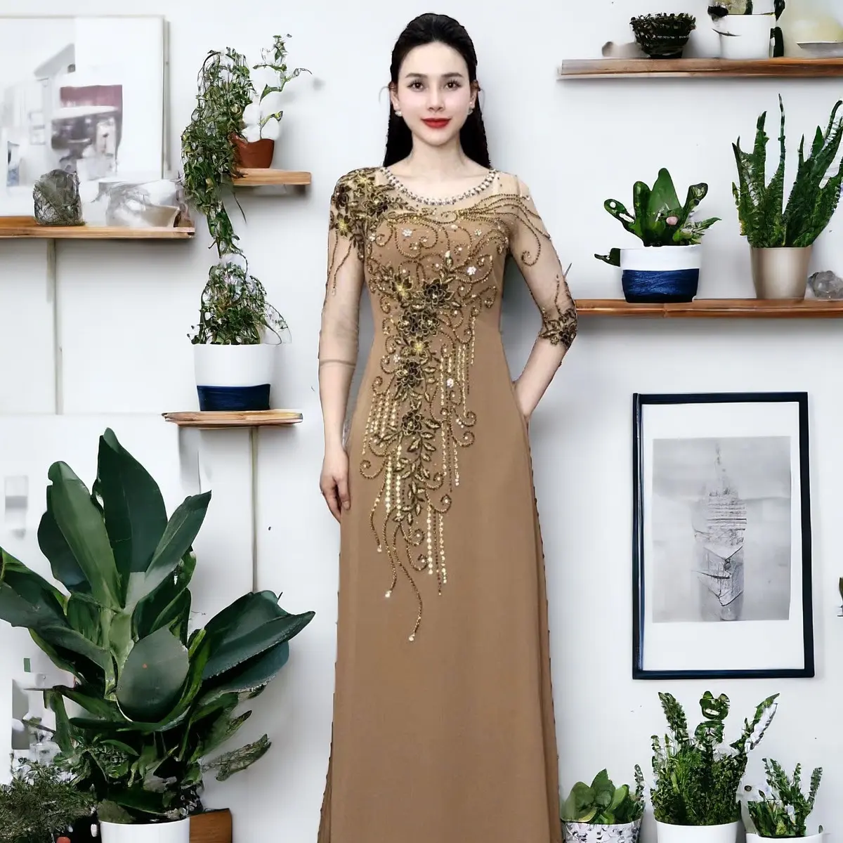 Áo dài dạ hội trung niên cao cấp mã AD39 - Nâu tây Nữ Women a odai aodai mau jador dress