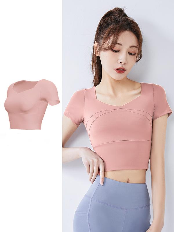 Áo thể thao yoga crop top, áo chạy bộ, quần tập gym ngắn tay, Tích hợp miếng đệm ngực cố định Sport Tập Thể Dục Nữ Tập Aerobic Áo Thun có thể giặt máy 【l】 áo thun thể thao 6