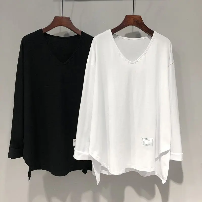 【40-150KG】Women Oversized Split Long Sleeve V-neck Loose T-shirt C13345