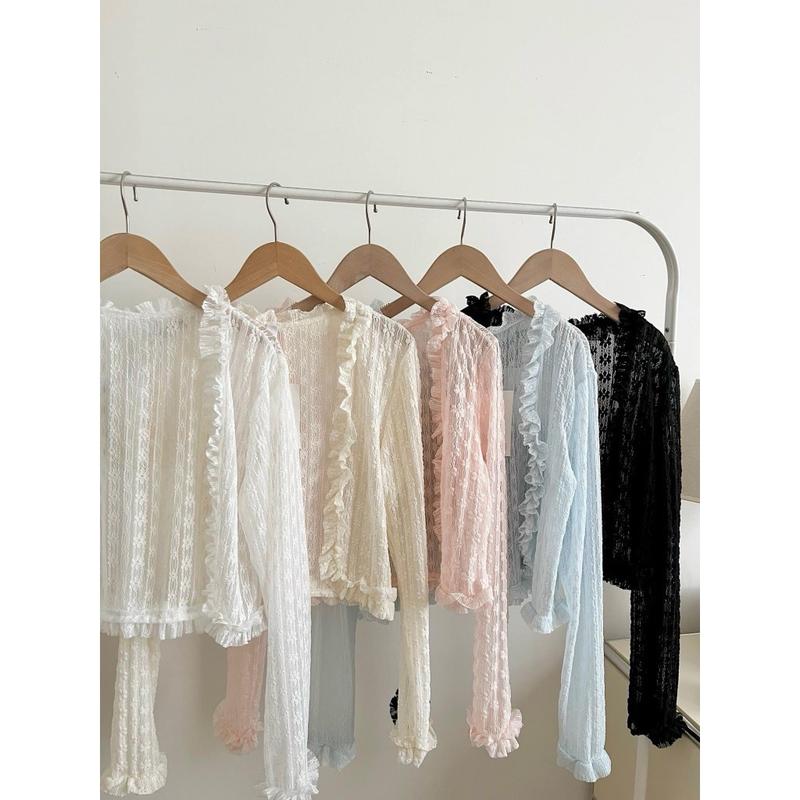 Áo khoác lửng cardigan dệt kim ren hoa nổi tay dài nhiều màu trong suốt Nữ