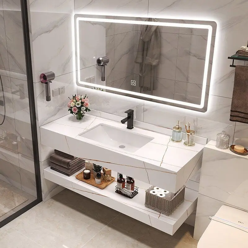 SG Minimalist Double-layer Marble Wash Basin Cabinet set Free Tap and Pop Up Waste Bathroom Basin Vanity Set Bathroom Vanity Cabinet Set Mirror Cabinet Set