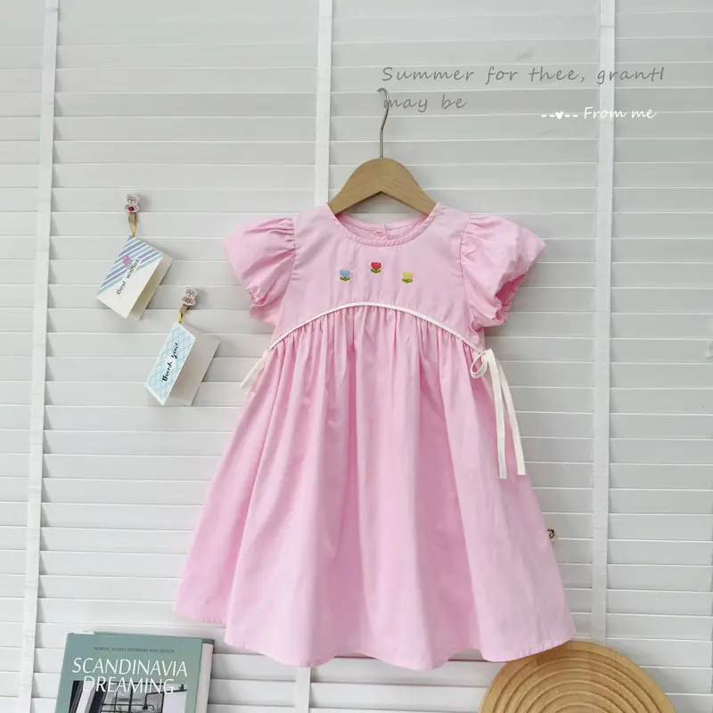 [Pinkids] [8-22kg] Váy Hoa Hòe Chất Thô Mềm Cột Nơ 2 Bên Cho Bé Gái 0