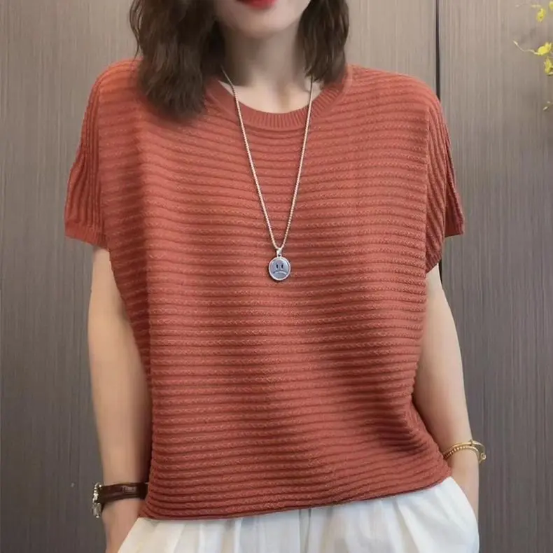 Áo Len Dệt Kim, Cho Mẹ TRUNG NIÊN, Áo Thun ngắn Tay Mùa Hè, Dáng Rộng Vừa Vặn, Áo Bụng Giấu, Thiết Kế khoét Áo Dễ Phối Đồ