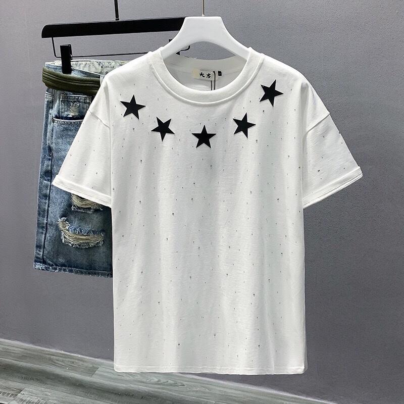 Áo phông cộc tay khảm Đá thêu sao Unisex Cổ Tròn Nam nữ Menswear 3