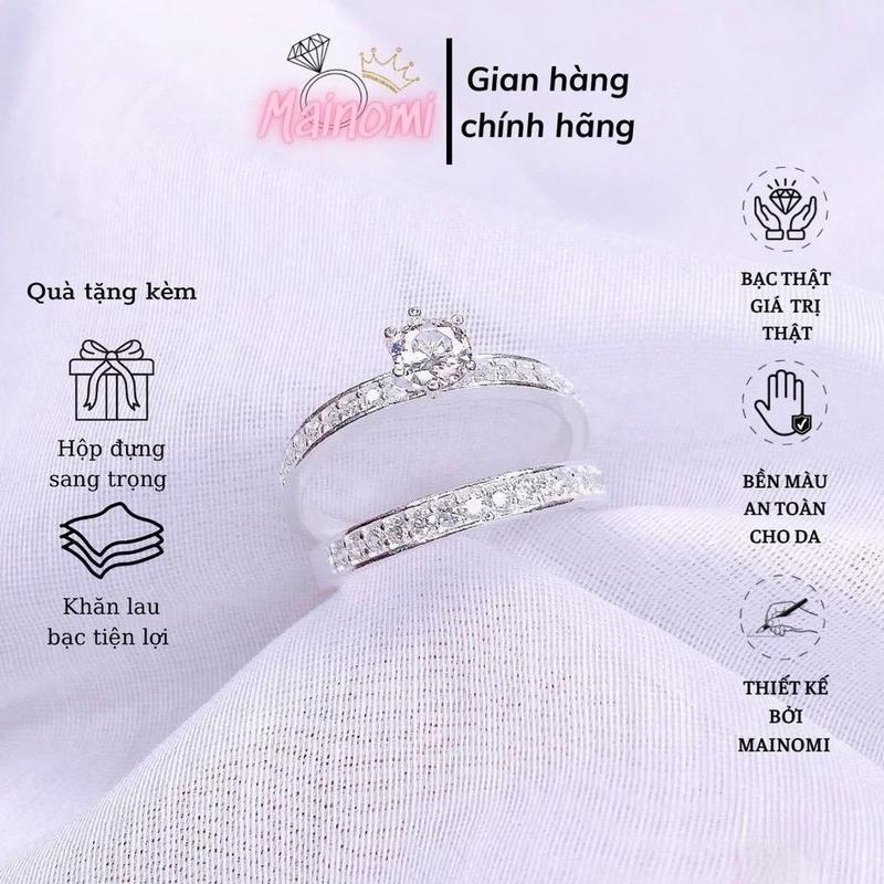 Nhẫn đôi đính đá 1 hàng bạc ta sang xịn có kèm hộp tặng