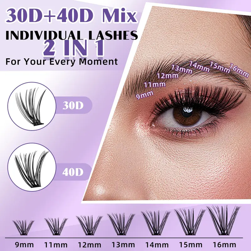 B&Qaugen DIY Lash Extension Kit, 280pcs 30D+40D Individual Lashes Cluster D Curl 9-16mm Eyelash Extension Kit, Waterproof Lash Clusters with Lash Bond and Seal, Glue Remover and Lash Tweezer For Girl Makeup, Christmas Gift 3