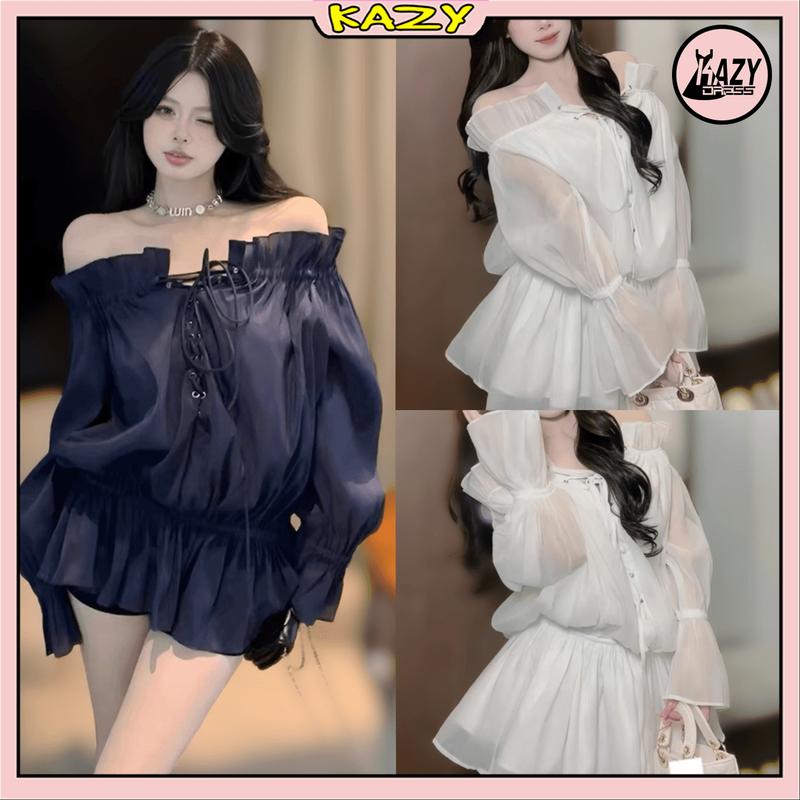 Váy tơ trễ vai thắt dây cổ, bo chun eo (kèm quần bảo hộ), Đầm bo chun tơ bèo tay dài phong cách tiểu thư, dễ thương A025 KAZYDRESS Nữ Women Top Áo