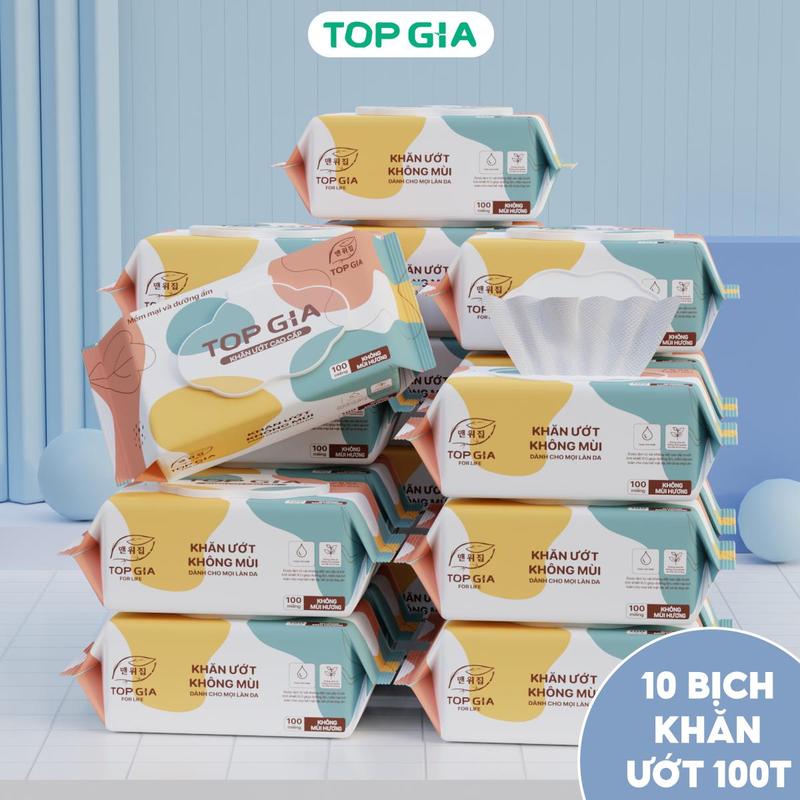   Deal live  Thùng 10 Bịch Khăn ướt cao cấp Topgia 100 tờ kích thước 14x20cm mềm mại Khăn giấy ướt không mùi 