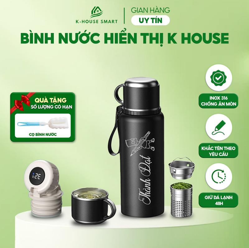 Bình nước giữ nhiệt Warrior K House inox 316 dung tích lớn 1000ml 2000ml có lọc bã trà giữ nhiệt lạnh 48h hiển thị nhiệt độ thông minh hỗ trợ khắc tên