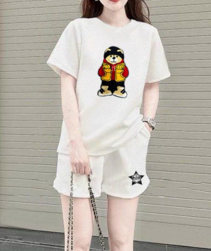 Product Introduction of Bộ short thun cotton mặc hè dạo phố xinh xăn Áo Top Nữ Cổ Tròn Women Kem 2