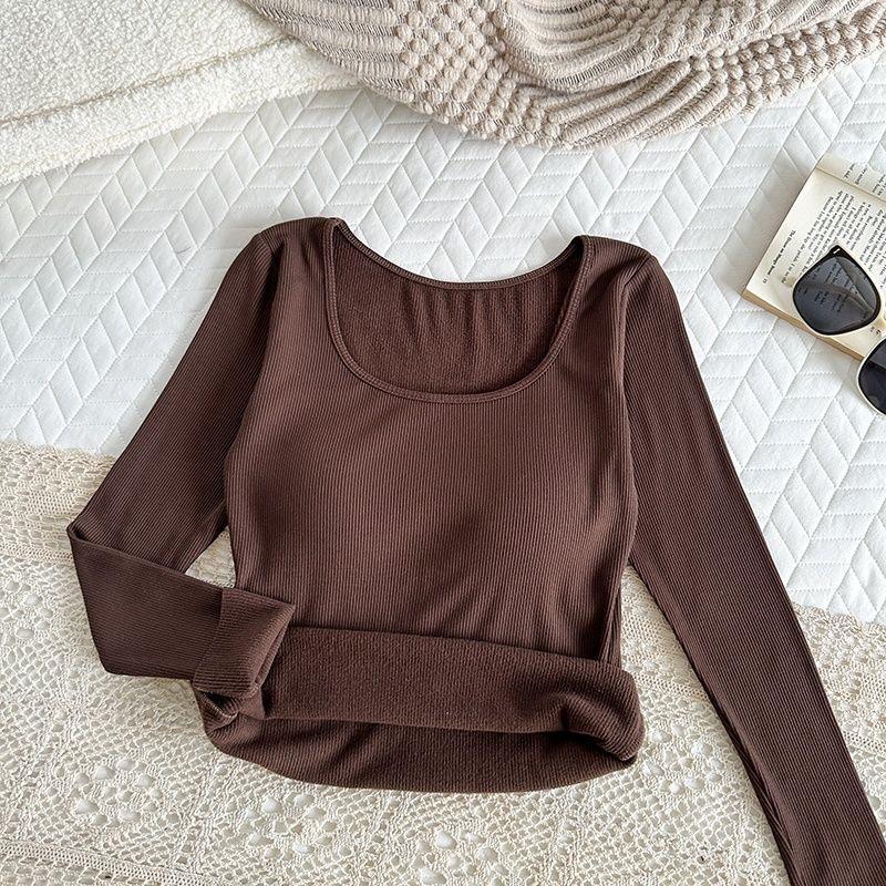 Product Introduction of 6060 #   New Brushed Autumn Winter Long Sleeve T-Shirt Thermal Underwear for Women with Chest Pad Integrated New Cold-Proof Base Layer 10