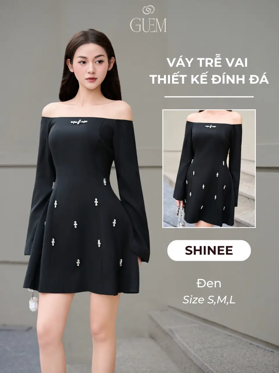 Váy Shinne Trễ Vai Đính Đá Thiết Kế GUEM