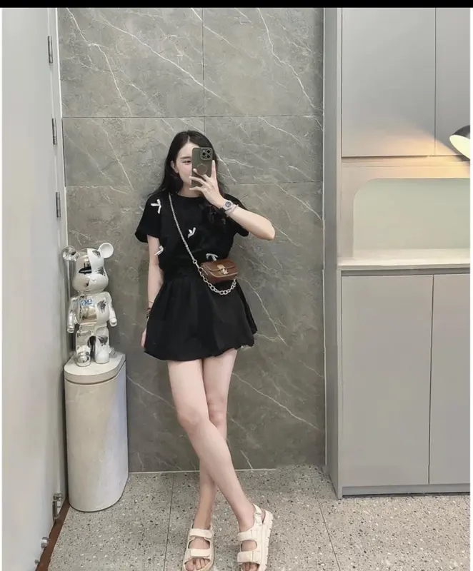 Bộ quần áo tay hến đính nơ nhún eo kèm quần sooc MS33 Nữ Women Kem Top 4
