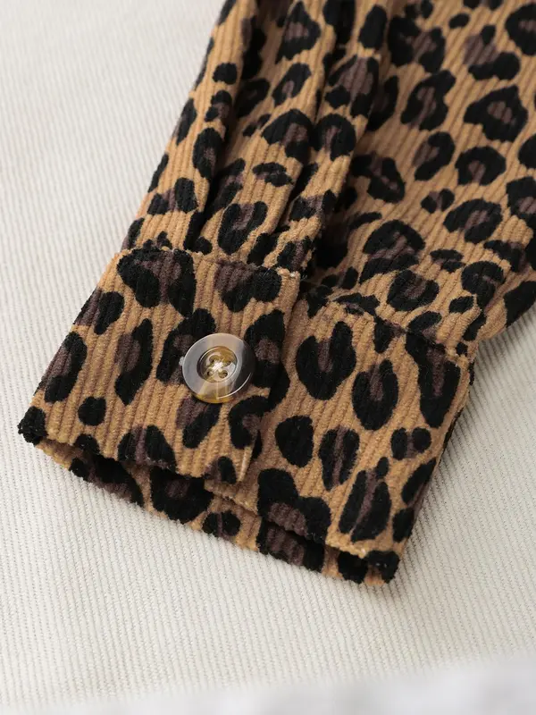 YOZY Women's Leopard Patchwork Print Button Front Corduroy Jacket, Casual Drop Shoulder Long Sleeve Collared Outerwear for Daily Wear, Ladies Clothes for All Seasons 4