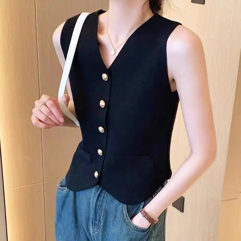 ES 943 Womens Korean Knitted Crop Vest Sleeveless V-neck Top Womenswear Comfort Wear