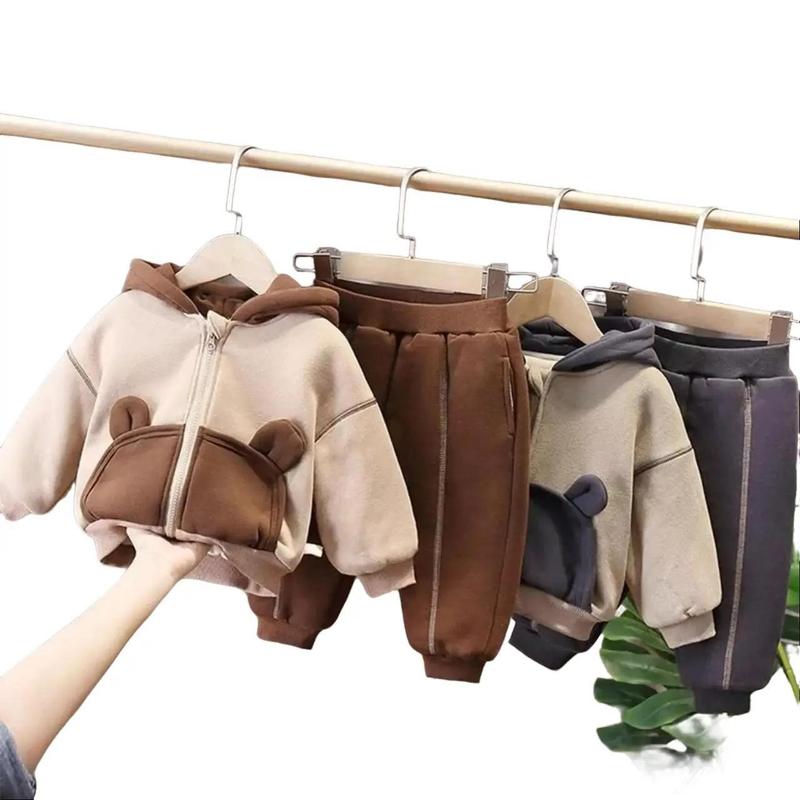 Bộ quần áo nỉ bông có mũ tai gấu cho bé, sét đồ áo khoác chất nỉ mùa đông từ 6-28Kg