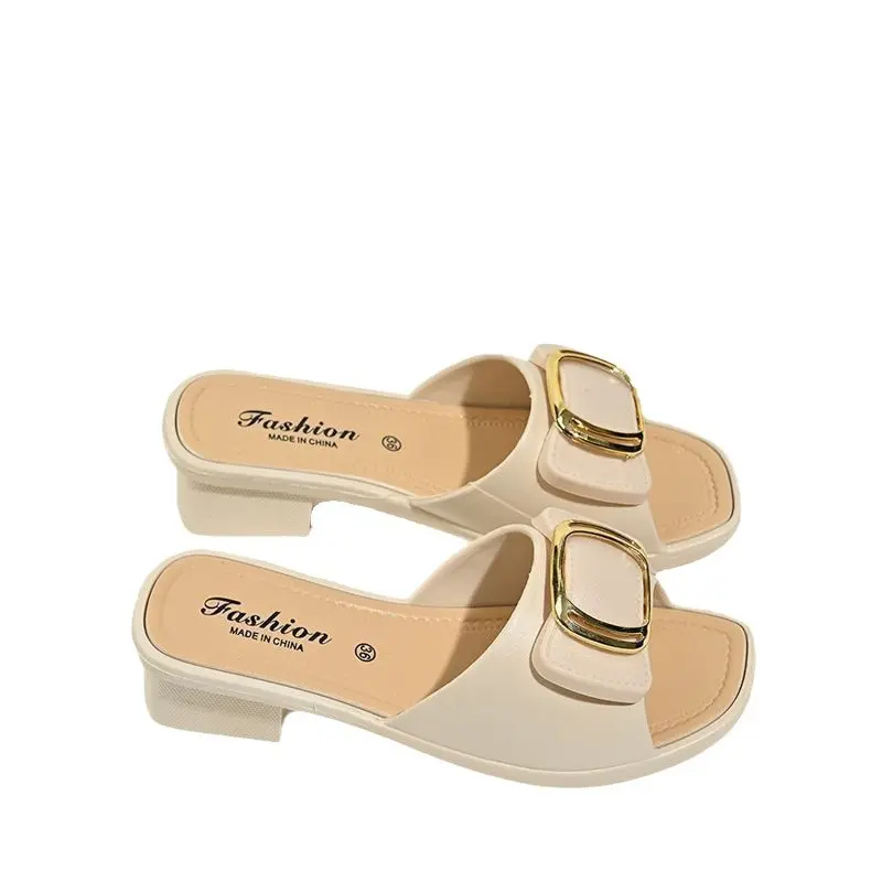 2025 New Summer Fashion Non-Slip Mid-Heel Women's Korean Style Soft Sole Thick Sole Slide Sandals doll heels manolo blahnik shoes covet madison kim kardashian jelly