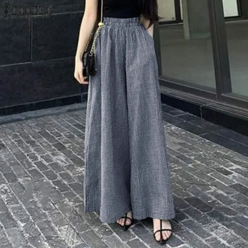 Quần Dài Thời Trang Đường Phố Nữ, ZANZEA, Phong Cách Cổ Điển Eo Co Giãn, Quần Ống Rộng Thường Ngày In Họa Tiết Lưới