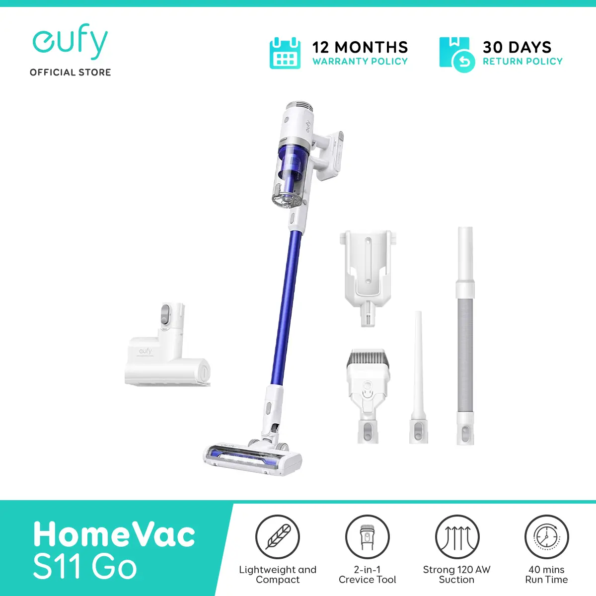 eufy by Anker HomeVac S11 Go, Cordless Stick Vacuum Cleaner, Pet Hair Cleaner, Lightweight, 120AW Suction Power, Detachable Battery, Deep Clean Carpet to Hard Floor, 650ml Dust Box Capacity, for Home, Car, Pet Owners