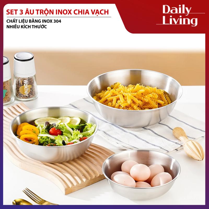 Bát Inox Có Chia Vạch Set 3 Âu Trộn Inox Trộn Slad, Ướp Thịt, Đánh Trứng, Trộn Bột Thau Đựng Thực Phẩm Đa Năng
