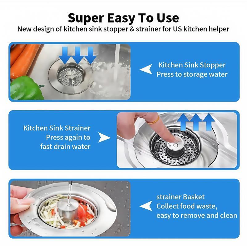 3 in 1 Kitchen Sink Drain Strainer, Stainless Steel Sink Stopper, Anti-clogging Sink Food Catcher Basket, Fast Drainage Odor Filter Sink Plug for US Standard 3 1/2 Inch Drain, Drain Cover 9